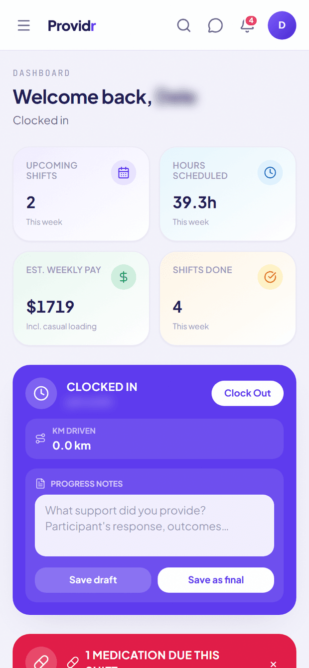 Support worker home screen in the Providr app