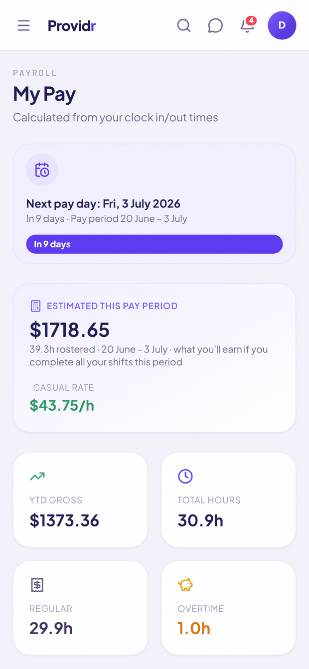 Support worker pay screen in the Providr app