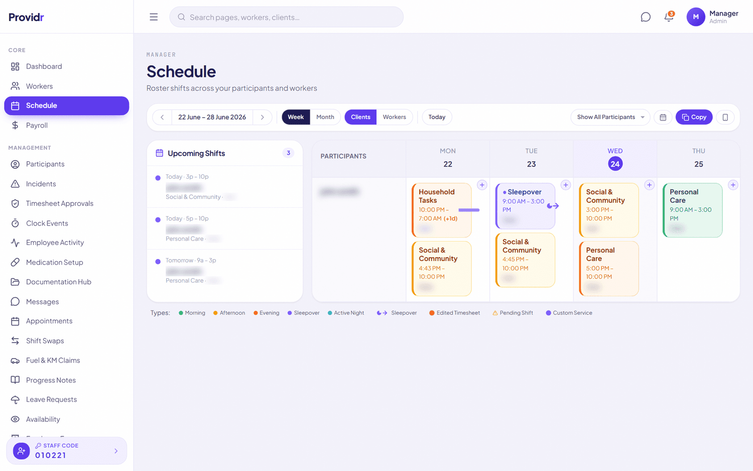 Providr scheduling calendar