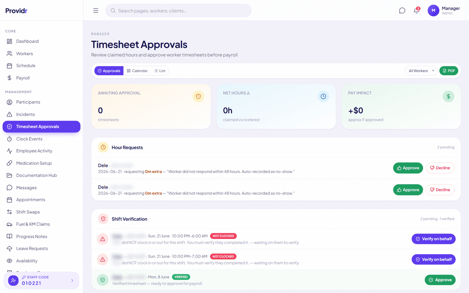 Providr shifts